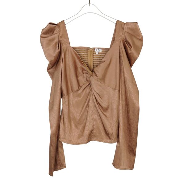 Revolve TCEC Cream Satin Puff Shoulder Blouse Wrap Front Medium - Picture 3 of 6